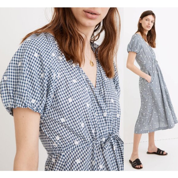 MADEWELL Embroidered Gingham Faux-Wrap Tie-Waist Midi Dress Navy Size S - Picture 1 of 9